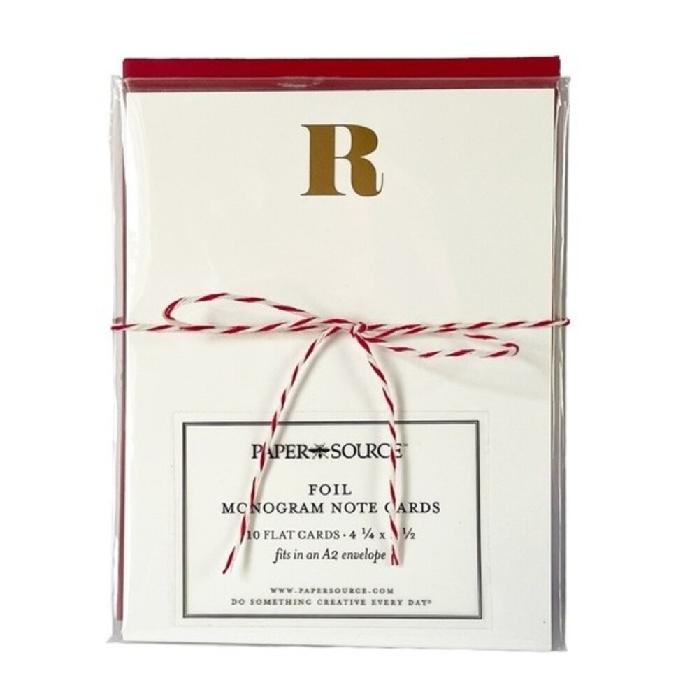 Monogram Notecard Set Gold Foil Print “R” White Card With Red Envelopes Set/10